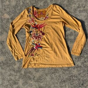 Johnny Was Mustard Embroidered Long Sleeve Top